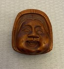 Vintage Carved Boxwood Mask Netsuke Buddha Face Basket Weave Pattern Backside