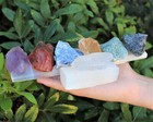 7 Rough Crystal Chakra Set   6  Selenite Charging Plate   Directions  large 