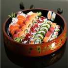 Red With Traditional Art Sushi Serving Tray - Round Sashimi Platter   Seafood   