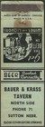 Very Old   Bauer   Krass Tavern   Matchbook Cover Sutton  Ne Nebraska