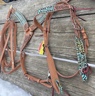 Teal Rustic Rose  Western Headstall breast Collar Set W reins