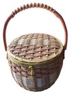 Vtg Round Sewing Basket Pink Orange Woven Wicker Floral With Tray   Misc Notions