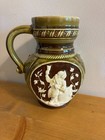 Antique--vintage  Beer  Stein--mug   Gnome Looking Monks  Green  Brown  Cream