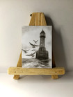 Original Charcoal Drawing Lighthouse Ocean Waves Seagulls Nautical Art Ooak