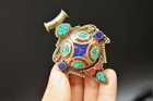 Tibetan Silver Chinese Inlaid Turquoise Copper Carved Pendant A3