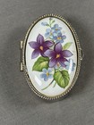 Vintage Oval Enamel Floral Pill Box - Etched Silver Tone Metal Case