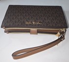 New Authentic Michael Kors Jet Set Double Zip Wristlet Phone Wallet Brown Gold