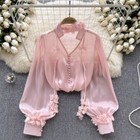 Lady Satin Blouse Shirt Tops V-neck Puff Sleeve Shiny Sheer Fashion Ruffle Fairy