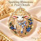 Lamb Brooch Pin Blue Bow Pearl Rhinestone Gold Tone Sheep Vintage Style Jewelry