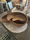 1970   s Kidney Shaped Wooden Salad Bowl With 6 Small Bowls