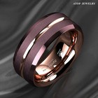8 6mm Plated Metal Tungsten Mens Ring Rose Gold Groove Stripe Atop Wedding Band