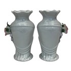 Set 2 Vintage Hand Painted White Porcelain Flower Vases Pink Rose  Leaves 6 5  H