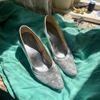 Vintage 1960s Showgirl Mod Chunky Silver Glitter Leather Pointed Toe Pumps 7