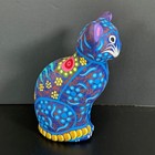 Hand Painted Mexican Talavera Folk Art Blue Cat Figurine Bird Flowers 8 Inches