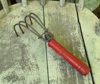 Vtg Garden Hand Tool 4 Tine Claw Cultivator Red Wood Handle 10   forged Steel-wire