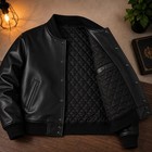 Men s Black Genuine Leather Varsity Bomber Jacket Snap Button Baseball Style Coa