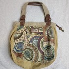 Vintage Fossil Modern Denim Canvas Bohemian Hippie Floral Shoulder Bag Key Charm