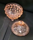 Vintage Jeannette Pink Cubist Glass Powder Vanity Jar Footed Lid Depression