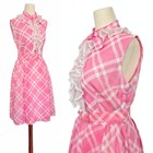 1960s Vintage Dress Belt Set 60s Pink Gingham Sheath Ruffly Lace Bib Small Xs s