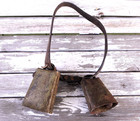 Antique Vintage Two Metal Steel Cowbells Leather Strap Cast Iron Ball Clappers