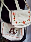 2 1970s White Muslin Cotton Handmade Purses  Embroidered Dog Flowers Hippy Boho