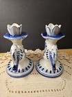 Set Of Two Vintage Ussr   Russian Gzhel Hand Made Fish Porcelain Candle Holder