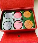 Rare Vintage Bakelite Catalin Travel Poker Chips Set With Green Caddy And Box