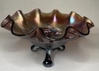 Antique Dugan Amethyst Carnival Glass Cherries 3 Footed Ruffled Bowl Circa 1910