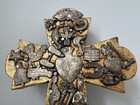 Vintage Folk Art Milagros Mexican Wood Cross Metal Charm Amulets Wall Art Decor