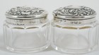 Antique Edwardian 1910 Pair Of Sterling Silver Glass Rouge Pots Pill Box Bottles