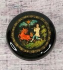 Palekh Russian Hand Painted Lacquer Round Trinket Box Signed Vintage 