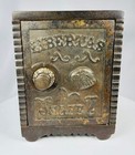 Vintage Cast Iron Safe Bank With Hinged Door   Ornate American Savings Bank   Ci