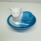 Vtg Westmoreland Blue white Slag Glass Cat On Nest Covered Dish Milkglass  chip