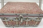Vintage Pink Sewing Basket Floral Lined Wicker Box White Handle Organizer Kit