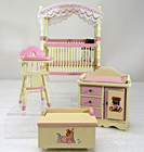 Dollhouse Miniature 1 12 Vintage Wood Baby Girl Bedroom Set 4 Pc Canopy Crib   