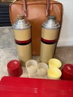 Vintage Thermos Picnic Set  Leather Bag  Thermos  Insulated Metal Box  Cups