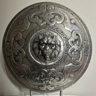 Engraved Embossed Lion Head Round Shield Metal Silver W  Stand