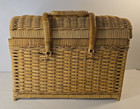 Vtg Wicker Basket With Lid Closure Handle Sewing Picnic