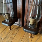 Vintage Rustic Wood Wall Sconces Candle Holders Glass Hurricane Pair