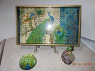Lot Vintage Peacock Vanity serving Tray paperweight glass Perfume Bottle Empty