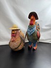 Cowboy Chicken Figurine Rooster   Hen  Set Handpainted Folk Art Rare