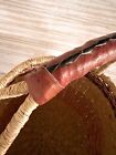 Vintage Woven Gathering Basket Market Round Leather Wrapped Handle Dyed