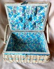 Large Vintage Sewing Basket Storage Box Retro Cute Floral Top Blue Lavender