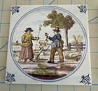 Vintage Delft Blue Tile Shepherd Farmer Couple In Field Pasture Scene 5 25   