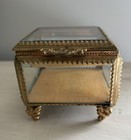 Vintage Glass Trinket Jewelry Pedestal Box Gold Trim Tone With Velvet