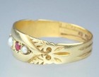 Beautiful Antique Victorian 22k   15k Gold Pearl Ruby 5-stone Floral Ring 1866 7