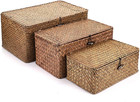 Set Of 3 Natural Seagrass Storage Baskets With Lid - Large Handwoven Wicker S   