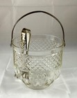 Vintage Mcm Clear Glass Ice Bucket Diamond Design Hammered Metal Handle   Tongs