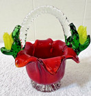 Vtg Murano Style Red Green Yellow Blown Glass Flower Basket Candle Holder