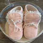 Nip Nos Vtg Glo-knit Pink   Lace Baby Infant Booties Shoes Soft Cotton W Card